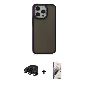 ieg™ iPhone 15 Pro Max Kılıf Eksen Işık - Siyah Bilvis 3D Mat Cam Ekran Koruyucu + Raze Metal Kamera Lens - SH