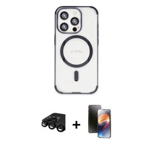 ieg™ iPhone 15 Pro Max Kılıf Eksen Klasik Koleksiyonu - Siyah 3D Antistatik Mat Seramik Nano Ekran Koruyucu + Raze Metal Kamera Lens - SH