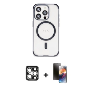 ieg™ iPhone 15 Pro Max Kılıf Eksen Klasik Koleksiyonu - Siyah 3D Antistatik Mat Seramik Nano Ekran Koruyucu + PVD Metal Kamera Lens - GS