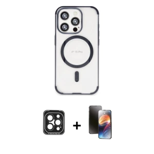 ieg™ iPhone 15 Pro Max Kılıf Eksen Klasik Koleksiyonu - Siyah 3D Antistatik Mat Seramik Nano Ekran Koruyucu + PVD Metal Kamera Lens - SH