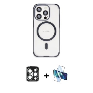 ieg™ iPhone 15 Pro Max Kılıf Eksen Klasik Koleksiyonu - Siyah 3D Antistatik Seramik Nano Ekran Koruyucu + PVD Metal Kamera Lens - LT