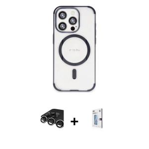 ieg™ iPhone 15 Pro Max Kılıf Eksen Klasik Koleksiyonu - Siyah Bilvis 0.18mm Plus Cam Ekran Koruyucu + Raze Metal Kamera Lens - GS