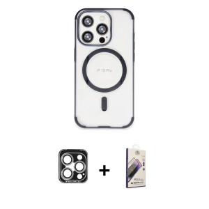 ieg™ iPhone 15 Pro Max Kılıf Eksen Klasik Koleksiyonu - Siyah Bilvis 3D Mat Cam Ekran Koruyucu + PVD Metal Kamera Lens - GS