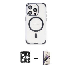 ieg™ iPhone 15 Pro Max Kılıf Eksen Klasik Koleksiyonu - Siyah Bilvis 3D Mat Cam Ekran Koruyucu + PVD Metal Kamera Lens - LT