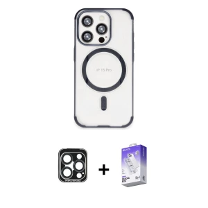 ieg™ iPhone 15 Pro Max Kılıf Eksen Klasik Koleksiyonu - Siyah Bilvis 5in1 3D Magic Cam Ekran Koruyucu + PVD Metal Kamera Lens - LT