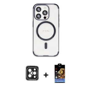ieg™ iPhone 15 Pro Max Kılıf Eksen Klasik Koleksiyonu - Siyah Buffer Hayalet Cam Ekran Koruyucu + PVD Metal Kamera Lens - SH