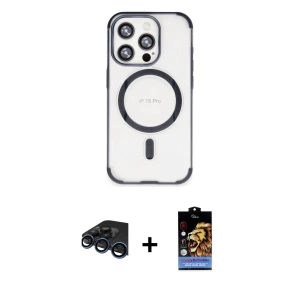 ieg™ iPhone 15 Pro Max Kılıf Eksen Klasik Koleksiyonu - Siyah Buffer Hayalet Cam Ekran Koruyucu + Raze Metal Kamera Lens - LT