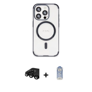 ieg™ iPhone 15 Pro Max Kılıf Eksen Klasik Koleksiyonu - Siyah Joko Magic 5D Cam + Raze Metal Kamera Lens - SH