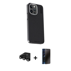 ieg™ iPhone 15 Pro Max Kılıf Kıvılcım Modern Özel Seri - Siyah 3D Antistatik Hayalet Cam Ekran Koruyucu + Raze Metal Kamera Lens - SH