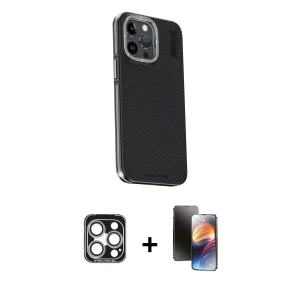 ieg™ iPhone 15 Pro Max Kılıf Kıvılcım Modern Özel Seri - Siyah 3D Antistatik Mat Seramik Nano Ekran Koruyucu + PVD Metal Kamera Lens - GS