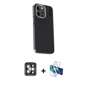 ieg™ iPhone 15 Pro Max Kılıf Kıvılcım Modern Özel Seri - Siyah 3D Antistatik Seramik Nano Ekran Koruyucu + PVD Metal Kamera Lens - GI