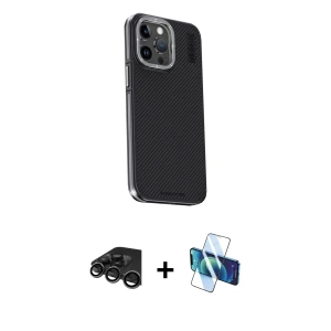 ieg™ iPhone 15 Pro Max Kılıf Kıvılcım Modern Özel Seri - Siyah 3D Antistatik Seramik Nano Ekran Koruyucu + Raze Metal Kamera Lens - TMGI