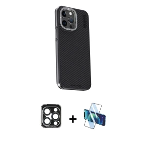 ieg™ iPhone 15 Pro Max Kılıf Kıvılcım Modern Özel Seri - Siyah 3D Antistatik Seramik Nano Ekran Koruyucu + PVD Metal Kamera Lens - LT