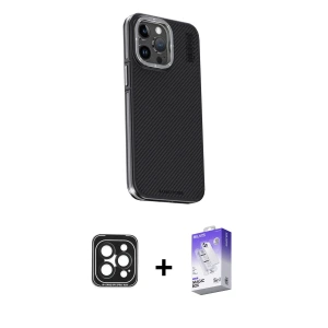 ieg™ iPhone 15 Pro Max Kılıf Kıvılcım Modern Özel Seri - Siyah Bilvis 5in1 3D Magic Cam Ekran Koruyucu + PVD Metal Kamera Lens - SH