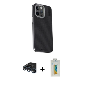 ieg™ iPhone 15 Pro Max Kılıf Kıvılcım Modern Özel Seri - Siyah Polymer Nano Ekran Koruyucu + Raze Metal Kamera Lens - LT
