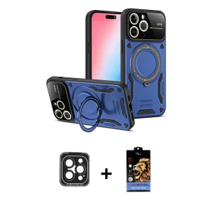 ieg™ iPhone 15 Pro Max Kılıf Kıvılcım Modern Serisi - Siyah Buffer Hayalet Cam Ekran Koruyucu + PVD Metal Kamera Lens - SH