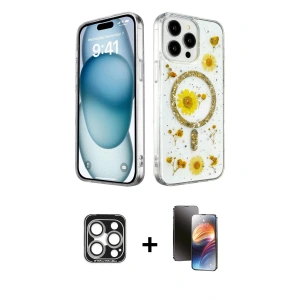 ieg™ iPhone 15 Pro Max Kılıf Kozmos Doku - Siyah 3D Antistatik Mat Seramik Nano Ekran Koruyucu + PVD Metal Kamera Lens - GS