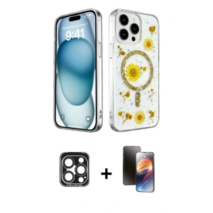 ieg™ iPhone 15 Pro Max Kılıf Kozmos Doku - Siyah 3D Antistatik Mat Seramik Nano Ekran Koruyucu + PVD Metal Kamera Lens - LT