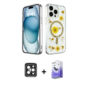 ieg™ iPhone 15 Pro Max Kılıf Kozmos Doku - Siyah Bilvis 5in1 5D Magic Hayalet Cam Ekran Koruyucu + PVD Metal Kamera Lens - SH