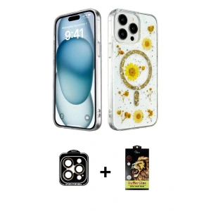 ieg™ iPhone 15 Pro Max Kılıf Kozmos Doku - Siyah Buffer Cam Ekran Koruyucu + PVD Metal Kamera Lens - TU