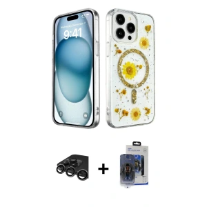 ieg™ iPhone 15 Pro Max Kılıf Kozmos Doku - Siyah Vanessa Magic Cam + Raze Metal Kamera Lens - TMGI