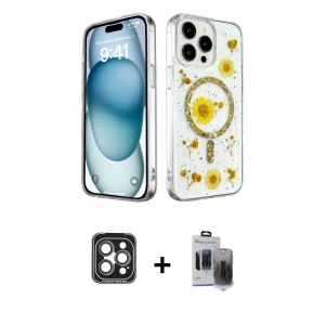 ieg™ iPhone 15 Pro Max Kılıf Kozmos Doku - Siyah Vanessa Magic Hayalet Cam + PVD Metal Kamera Lens - GI