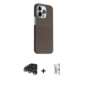 ieg™ iPhone 15 Pro Max Kılıf Kozmos Klasik Prime - Siyah Bilvis 0.18mm Plus Cam Ekran Koruyucu + Raze Metal Kamera Lens - GS