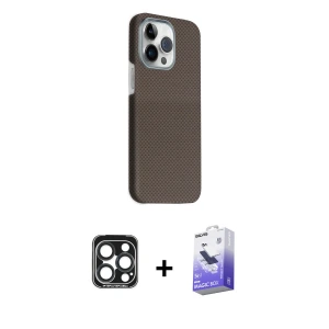 ieg™ iPhone 15 Pro Max Kılıf Kozmos Klasik Prime - Siyah Bilvis 5in1 5D Magic Hayalet Cam Ekran Koruyucu + PVD Metal Kamera Lens - LT
