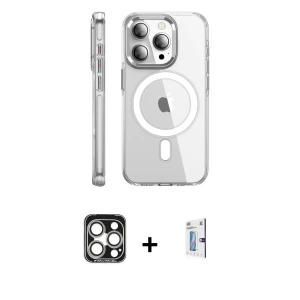 ieg™ iPhone 15 Pro Max Kılıf Nova Doku - Siyah Bilvis 0.18mm Plus Cam Ekran Koruyucu + PVD Metal Kamera Lens - GS