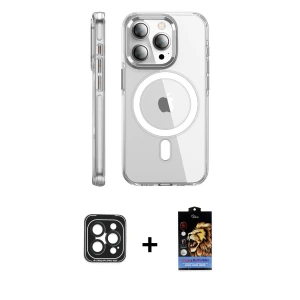 ieg™ iPhone 15 Pro Max Kılıf Nova Doku - Siyah Buffer Hayalet Cam Ekran Koruyucu + PVD Metal Kamera Lens - SH