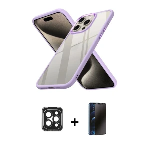 ieg™ iPhone 15 Pro Max Kılıf Nova Işık Serisi - Siyah 3D Antistatik Hayalet Cam Ekran Koruyucu + PVD Metal Kamera Lens - SH