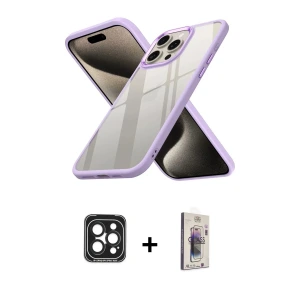 ieg™ iPhone 15 Pro Max Kılıf Nova Işık Serisi - Siyah Bilvis 3D Cam Ekran Koruyucu + PVD Metal Kamera Lens - SH