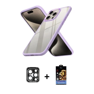 ieg™ iPhone 15 Pro Max Kılıf Nova Işık Serisi - Siyah Buffer Hayalet Cam Ekran Koruyucu + PVD Metal Kamera Lens - LT