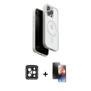 ieg™ iPhone 15 Pro Max Kılıf Pusula Form Serisi - Siyah 3D Antistatik Mat Seramik Nano Ekran Koruyucu + PVD Metal Kamera Lens - SH