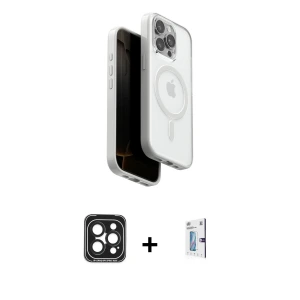ieg™ iPhone 15 Pro Max Kılıf Pusula Form Serisi - Siyah Bilvis 0.18mm Plus Cam Ekran Koruyucu + PVD Metal Kamera Lens - SH