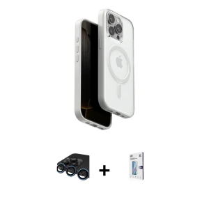 ieg™ iPhone 15 Pro Max Kılıf Pusula Form Serisi - Siyah Bilvis 0.18mm Plus Cam Ekran Koruyucu + Raze Metal Kamera Lens - LT