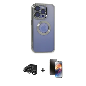 ieg™ iPhone 15 Pro Max Kılıf Pusula Form - Siyah 3D Antistatik Mat Seramik Nano Ekran Koruyucu + Raze Metal Kamera Lens - TMGI