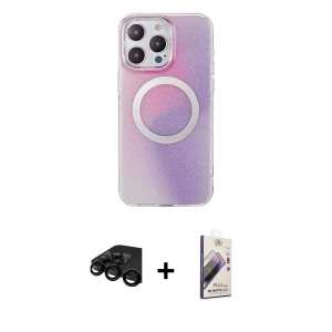 ieg™ iPhone 15 Pro Max Kılıf Pusula Form - Siyah Bilvis 3D Mat Cam Ekran Koruyucu + Raze Metal Kamera Lens - SH