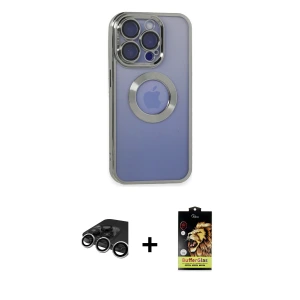 ieg™ iPhone 15 Pro Max Kılıf Pusula Form - Siyah Buffer Cam Ekran Koruyucu + Raze Metal Kamera Lens - GS