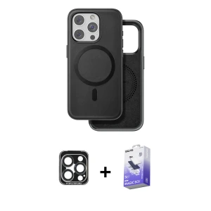 ieg™ iPhone 15 Pro Max Kılıf Pusula Işık Koleksiyonu - Siyah Bilvis 5in1 5D Magic Hayalet Cam Ekran Koruyucu + PVD Metal Kamera Lens - LT