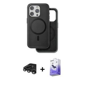ieg™ iPhone 15 Pro Max Kılıf Pusula Işık Koleksiyonu - Siyah Bilvis 5in1 5D Magic Hayalet Cam Ekran Koruyucu + Raze Metal Kamera Lens - TMGI