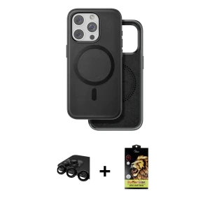 ieg™ iPhone 15 Pro Max Kılıf Pusula Işık Koleksiyonu - Siyah Buffer Cam Ekran Koruyucu + Raze Metal Kamera Lens - SH