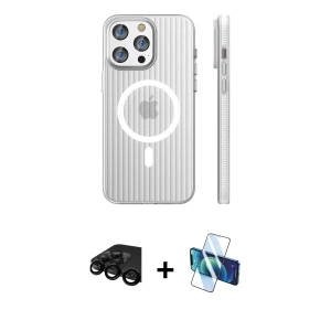 ieg™ iPhone 15 Pro Max Kılıf Pusula Minimal Koleksiyonu - Siyah 3D Antistatik Seramik Nano Ekran Koruyucu + Raze Metal Kamera Lens - SH