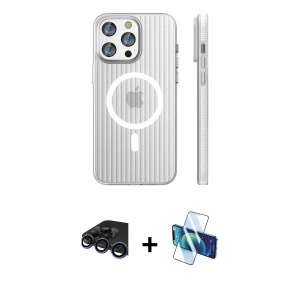 ieg™ iPhone 15 Pro Max Kılıf Pusula Minimal Koleksiyonu - Siyah 3D Antistatik Seramik Nano Ekran Koruyucu + Raze Metal Kamera Lens - LT