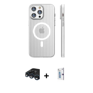 ieg™ iPhone 15 Pro Max Kılıf Pusula Minimal Koleksiyonu - Siyah Bilvis 0.18mm Plus Cam Ekran Koruyucu + Raze Metal Kamera Lens - LT