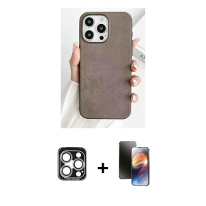 ieg™ iPhone 15 Pro Max Kılıf Pusula Modern - Siyah 3D Antistatik Mat Seramik Nano Ekran Koruyucu + PVD Metal Kamera Lens - GS