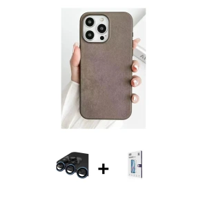 ieg™ iPhone 15 Pro Max Kılıf Pusula Modern - Siyah Bilvis 0.18mm Plus Cam Ekran Koruyucu + Raze Metal Kamera Lens - LT