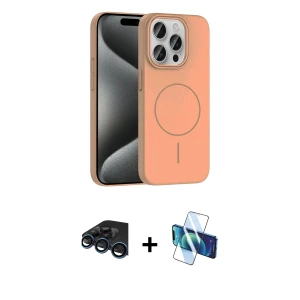 ieg™ iPhone 15 Pro Max Kılıf Siluet Doku Özel Seri - Siyah 3D Antistatik Seramik Nano Ekran Koruyucu + Raze Metal Kamera Lens - LT