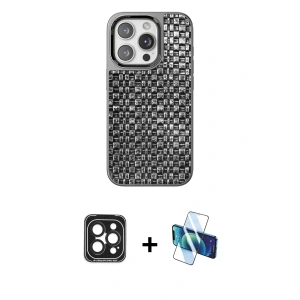 ieg™ iPhone 15 Pro Max Kılıf Siluet Form Serisi - Siyah 3D Antistatik Seramik Nano Ekran Koruyucu + PVD Metal Kamera Lens - SH