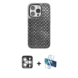 ieg™ iPhone 15 Pro Max Kılıf Siluet Form Serisi - Siyah 3D Antistatik Seramik Nano Ekran Koruyucu + PVD Metal Kamera Lens - GS